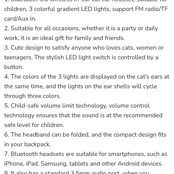 Cat Ears Headphones LED Light Bluetooth Stereo Wireless, Mic different features - Picture 7 of 11